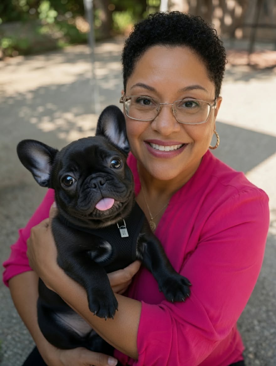 Mari smiling while holding her black French bulldog